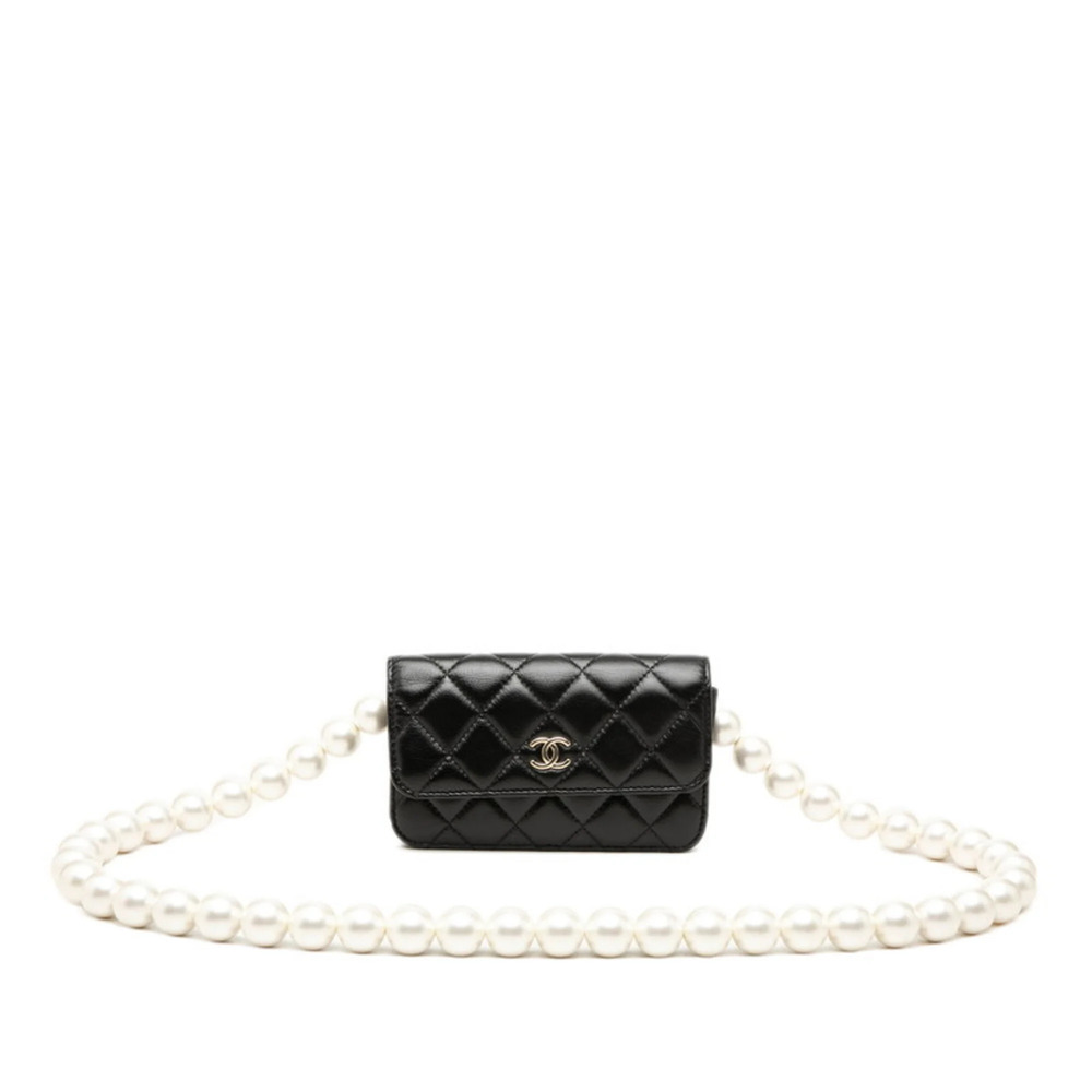 Chanel Coco Mark Matelassé Shoulder Bag AP1839 Black Gold Lambskin Faux Pearl...